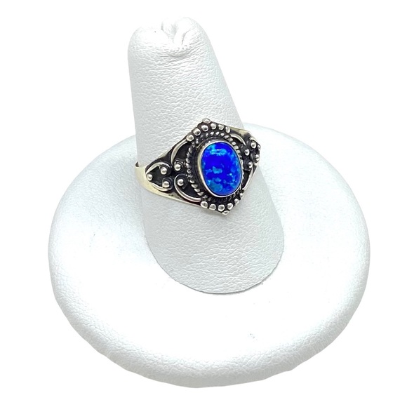 Jewelry - Blue Fire Opal Ring Size 8 Oval Cabochon Solid Sterling Silver 925 Sz 8